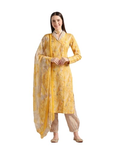 Leriya Fashion Women's Cotton Blend Multi Floral Foil Printed Ethnic Straight Shawl Collar Kurta & Patiyala Style Pant with Dupatta Set for Function Festival Office Wear Kurti Set (Small, Yellow)