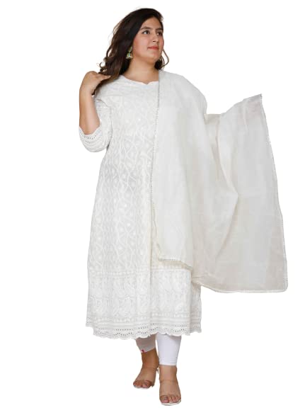 Angiya Women Plus Size Cream-Coloured Chikankari Thread Work Anarkali Kurta with Dupatta (6XL)