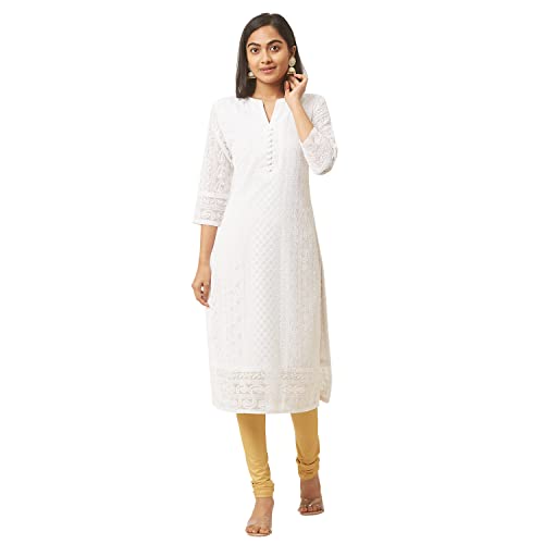 ZOLA Georgette Ethnic Wear Regular Fit V Neck with 3/4th Sleeves Calf Length Lucknowi Chikankari Kurta for Women White