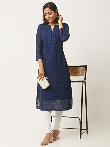 ZOLA Georgette Regular Fit V Neck with 3/4th Sleeves Calf Length Ethnic Wear Lucknowi Chikankari Kurta for Women Navy Blue