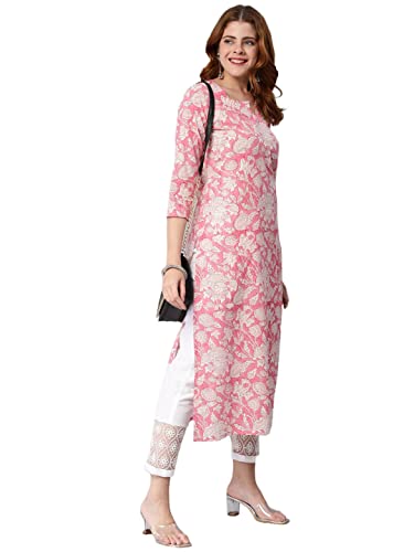 ANNI DESIGNER Women's Cotton Blend Traditional Straight Printed Kurta with Pant Set (para Pink-GNw_XL_Baby Pink_X-Large)