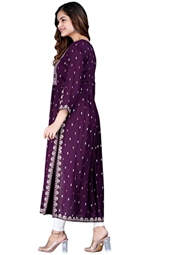 rytras Women's Rayon Printed Purple Nayra Cut Flared Kurta (Large)