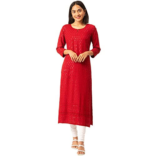 ZOLA Rayon Keyhole Neck 3/4th Sleeves Chikankari Embroidery Ethnic Wear Kurta for Women (Large, Maroon)