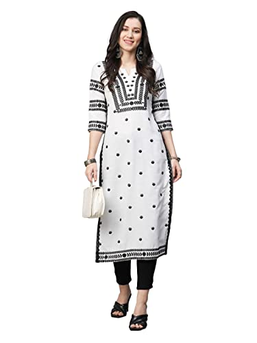 GoSriKi Women's Cotton Blend Embroidered Straight Kurta (Stho-White-Nw2-GS_L_White_Large)