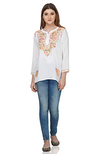 Vahson Designer Latest Chikankari Embroidery Cotton Short Kurti for Women/Girls (2XL, White)