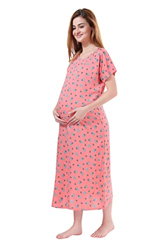 PIU Women's Cotton All Over Print Calf Length Feeding Nighty (HM1363L_Heart Peach_L)