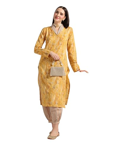 Leriya Fashion Cotton Blend Floral Foil Printed Indian Ethnic Kurta with Pant Set for Women Fancy Patiyala Pant Set for Traditional Ceremony Party Office Wear Kurti Set (Small, Yellow)