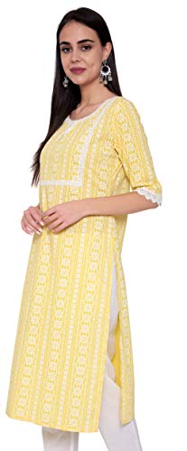 Amayra Women's Cotton Printed Straight Kurti (Yellow,M)