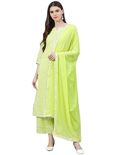 GoSriKi Women's Cotton Blend Printed Staright Kurta with Palazzo & Dupatta (RUST-PARROT-Jan13-GS_M_Light Green_Medium)