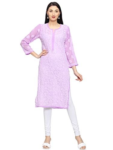 Ada Lucknowi Hand Embroidered Chikankari Straight Georgette Kurti Kurta for Women A95487 Mauve (M)