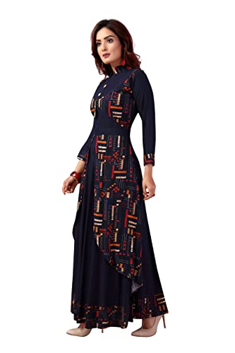 madhuram textiles Women's Rayon Gown Style Kurta (M-2082 L_Navy Blue_L)