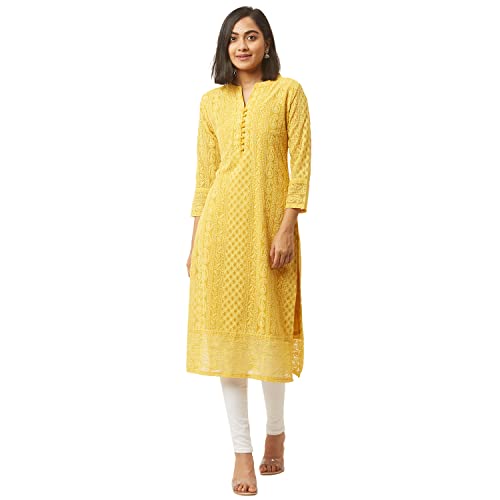 ZOLA Georgette Ethnic Wear Regular Fit V Neck with 3/4th Sleeves Calf Length Lucknowi Chikankari Kurta for Women Yellow