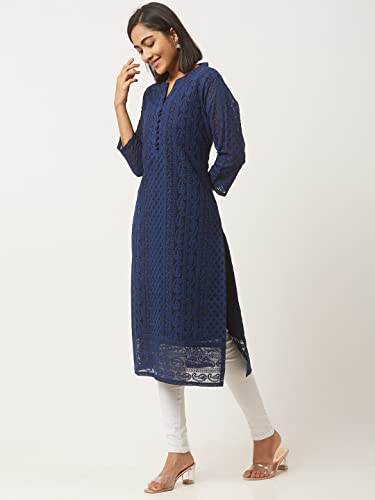 ZOLA Georgette Regular Fit V Neck with 3/4th Sleeves Calf Length Ethnic Wear Lucknowi Chikankari Kurta for Women Navy Blue