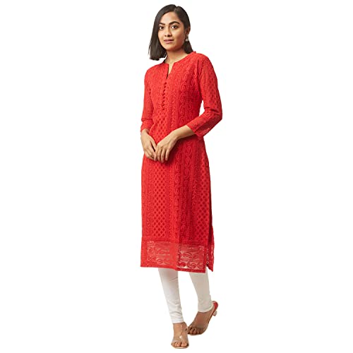 ZOLA Red Exclusive Georgette Lucknowi Chikankari Kurta Three Quarter Sleeves for Women