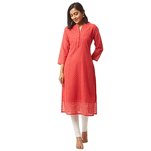 ZOLA Georgette Ethnic Wear Regular Fit V Neck with 3/4th Sleeves Calf Length Lucknowi Chikankari Straight Kurta for Women Coral