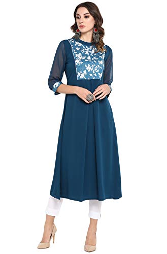 Janasya Women's Turquoise Blue Poly Crepe Floral Print A-line Kurta