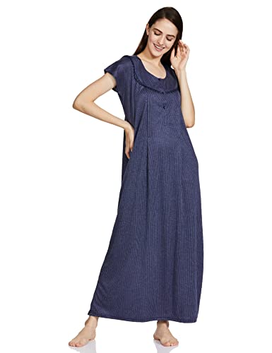 Fabme Women's Cotton Textured Maxi Casual Maternity/Feeding Nighty (Pack of 2) (NW0142_Navy Blue and Red_Free Size)