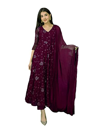 Xomantic Fashion Purple Color Embroidered Designer Kurta Dupatta Set (X-Small, Wine)