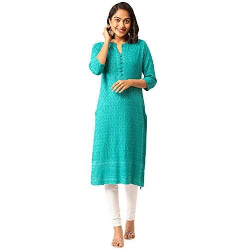 ZOLA Rama Green Rayon Band Collar 3/4th Sleeves Chikankari Embroidery Ethnic Wear Kurta for Women