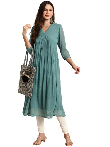 Janasya Women's Green Poly Chiffon Self Design Flared Kurta