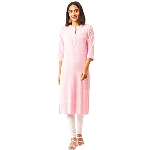 ZOLA Pink Rayon Band Collar 3/4th Sleeves Chikankari Embroidery Ethnic Wear Kurta for Women