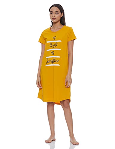 Amazon Brand - Symbol Cotton Graphic Print Knee Length Women's Nightdress Regular Nightgown (EI-AW20DR02-SOMM-09_Yellow_XS)