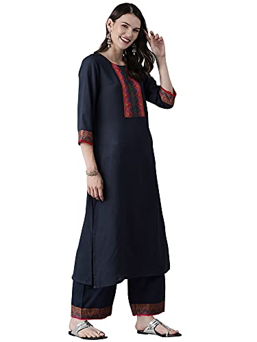 INDO ERA Women's Solid Cotton Blend Straight Kurta Palazzo with Dupatta Set (Navy Blue_KD4NB2125_X-Small)