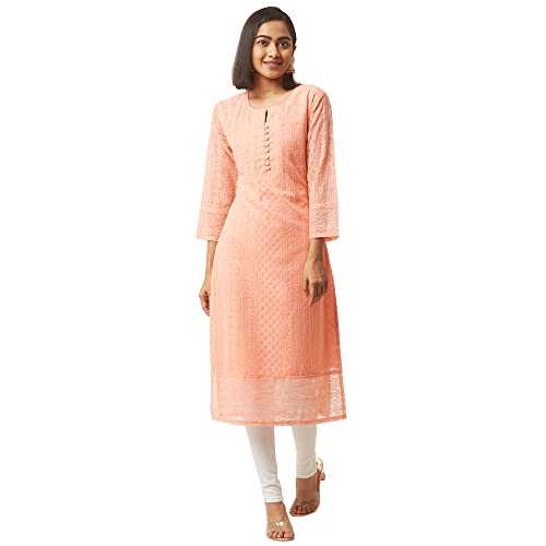 ZOLA Range Georgette Ethnic Wear for Women Regular Fit Round Neck with Full Sleeves Calf Length Ethnic Wear Lucknowi Chikankari Straight Georgette Kurta for Women - Pack of One Peach