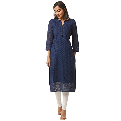 ZOLA Georgette Regular Fit V Neck with 3/4th Sleeves Calf Length Ethnic Wear Lucknowi Chikankari Kurta for Women Navy Blue