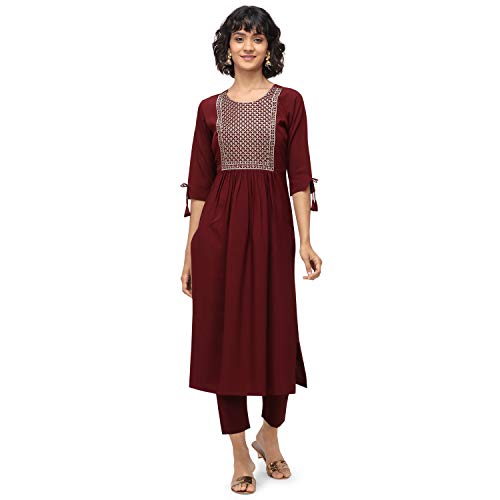 NAINVISH Women Maroon A-Line Crepe Kurti with Pant (SD092-XL)