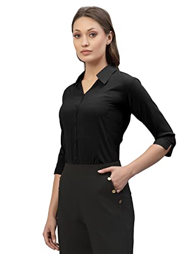 Selvia Solid Polyester Viscose Blend Top(329TKN253-M_Black & Grey)