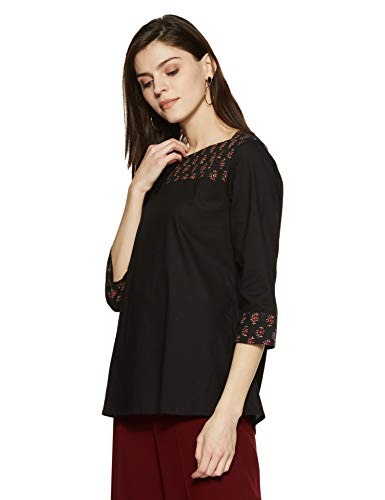 Amazon Brand - Myx Women's Cotton Solid Regular Fit Short Kurti (NIT003CORE3_Black/Red_M)