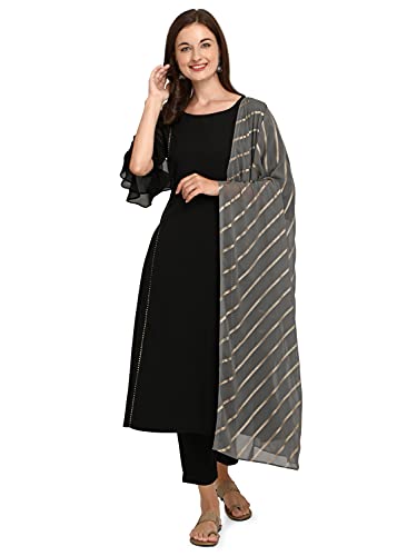 FIORRA Women's Black Poly Crepe A-Line Kurta with Pant and Dupatta SET0012-M