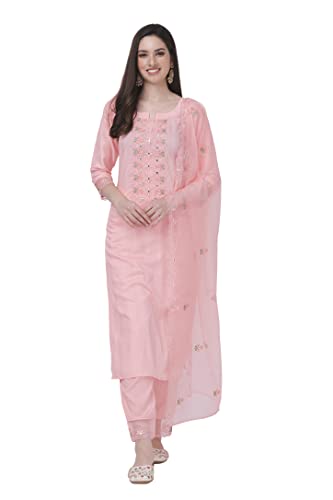 TRENDMALLS Women's Cotton Embroidery Kurta Pant Suit Set (TM.G103-LightPink-XS)