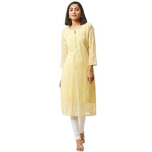 ZOLA Georgette Lucknowi Chikankari Straight Georgette Kurta for Women Regular Fit Round Neck with Full Sleeves & Calf Length Light Green