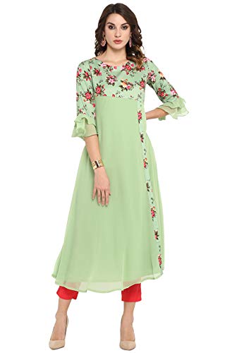 Janasya Women's Light Green Poly Crepe Floral Print A-line Kurta(JNE3368-KR-L)