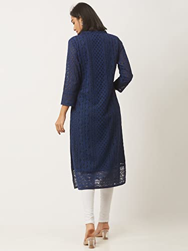 ZOLA Georgette Regular Fit V Neck with 3/4th Sleeves Calf Length Ethnic Wear Lucknowi Chikankari Kurta for Women Navy Blue