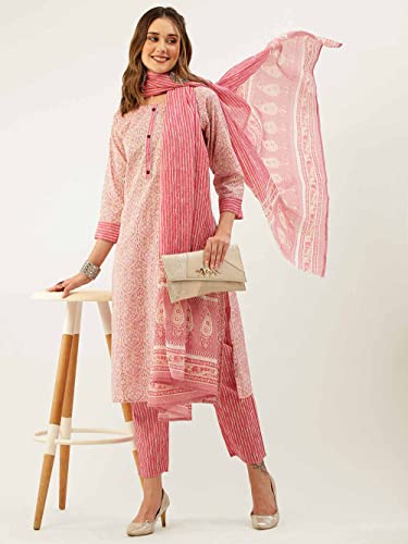 ZOLA Round Neck Cotton All Over Ethnic Print Pink Straight Kurta Set for Women with Dupatta