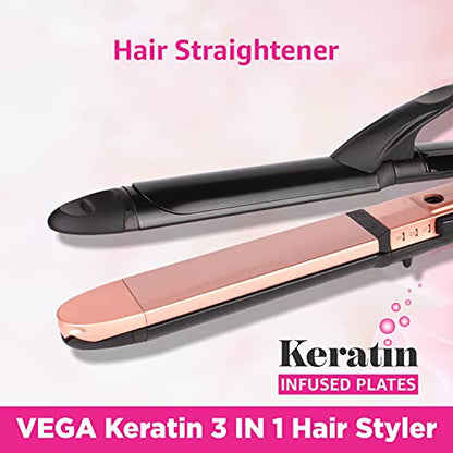 Vega 3 in 1 Hair Styler- Hair Straightener for Women, Hair Curler & Hair Crimper, India's No.1* Hair Styler Appliance Brand, (Keratin Hair Styler, VHSCC-03), Rose Gold