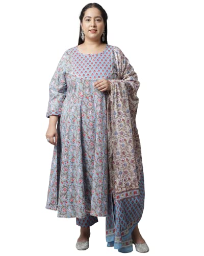 Rajnandini Women's Pure Cambric Cotton Printed Plus Size Kurta Set with Dupatta (JOPLJPR801X-6XL_Blue_6XL)