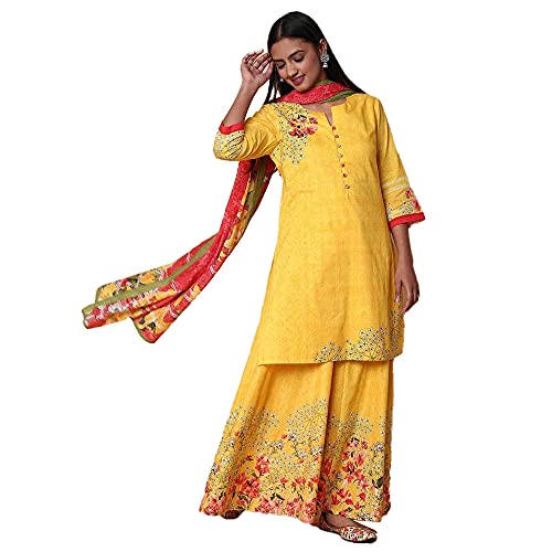 BIBA Women's Cotton Salwar Suit Set (SKD7256_Yellow_42)