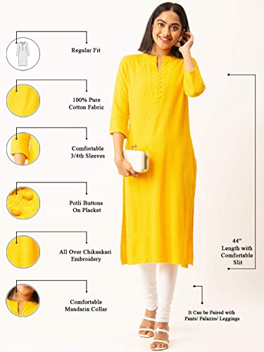 ZOLA Yellow Rayon Band Collar 3/4th Sleeves Chikankari Embroidery Ethnic Wear Kurta for Women