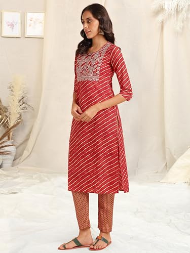 MIRCHI FASHION Women's Straight Fit Cotton Laheriya Printed Embroidered Kurta Set with Dupatta and Trouser (MK9765-Red, Beige-2XL)