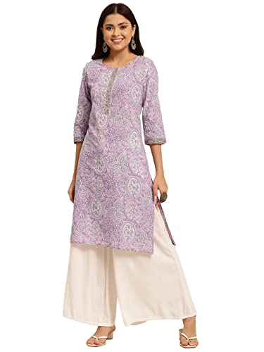 rangita Women 100% Cotton Purple Jaipuri Printed Knee Length Straight Kurti