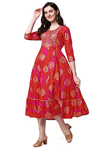 SOURBH Women's Cotton Sequins Embroidery Work Foil Printed A-Line Kurti Only (K9118-Pink, Orange-XL)