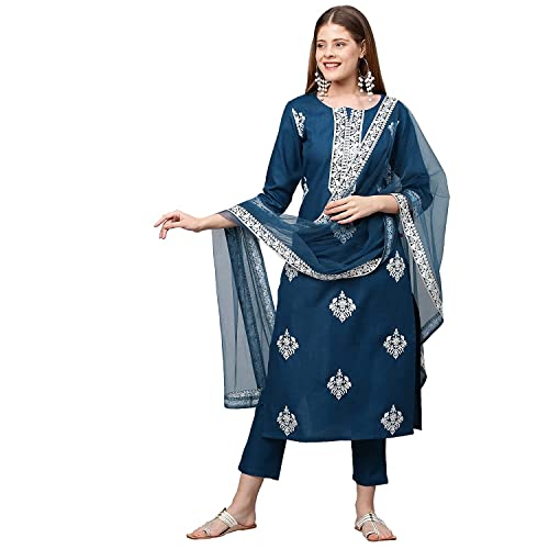 GoSriKi Women's Cotton Blend Straight Embroidered Kurta with Pant & Dupatta (Weekend Rama_New_M-GO_Rama_Medium)