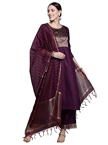 INDO ERA Women's Cotton Blend Solid Straight Kurta Palazzo With Dupatta Set (Magenta_DDDDD4012_X-Large)