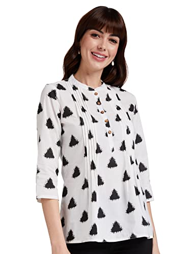 Amazon Brand - Myx Women's Cotton Screen Print Straight Short Kurti (SS17IKKATST02B_Off-White & Triangle_S)