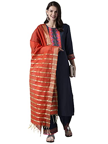 INDO ERA Women's Solid Cotton Blend Straight Kurta Palazzo with Dupatta Set (Navy Blue_KD4NB2125_X-Small)