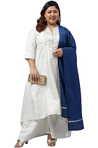 XL LOVE - By Janasya Women's Plus Size Off- White Poly Silk Kurta With Palazzo and Dupatta(PJ0239-KR-NP-5XL)